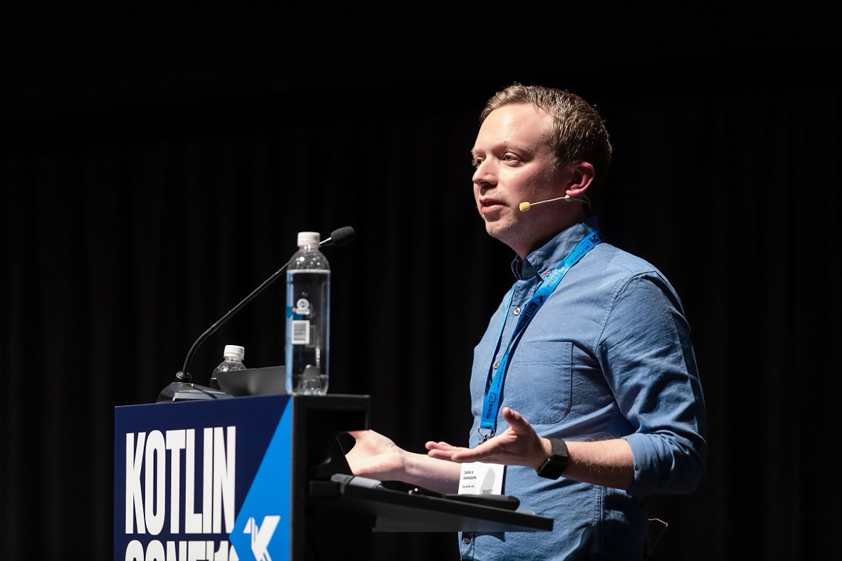 Jarle Hansen speaking at KotlinConf 2019 - Kotlin Runs Taxes in Norway